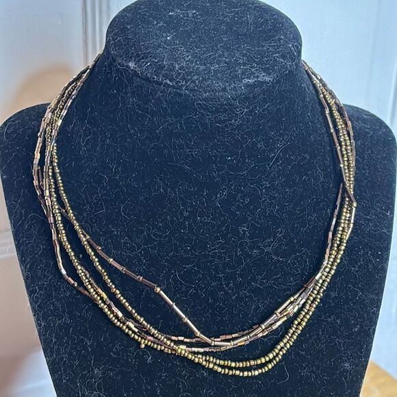 Multi strand small gold tone seed bead collar fashion necklace 16-19” - Picture 1 of 4